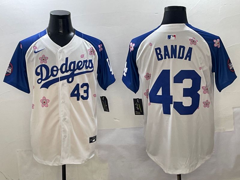 Men Los Angeles Dodgers 43 Banda White Blue Sakura Edition 2025 Nike MLB Jersey style 4